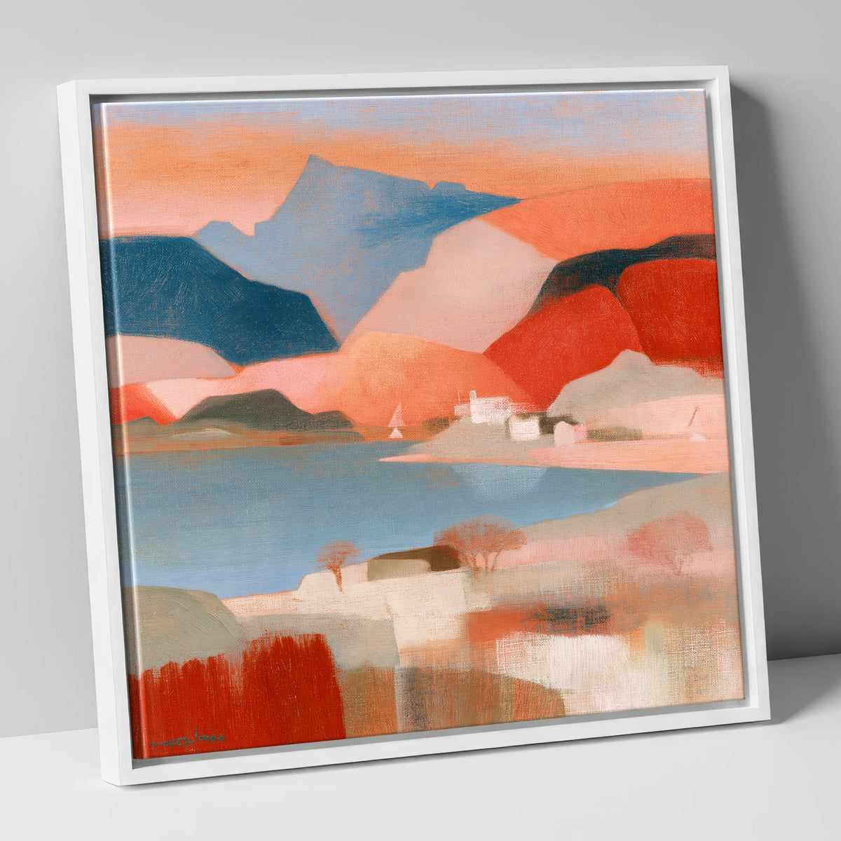 Abstract Terracotta Lake and Fells lake district lake canvas wall art in white frame