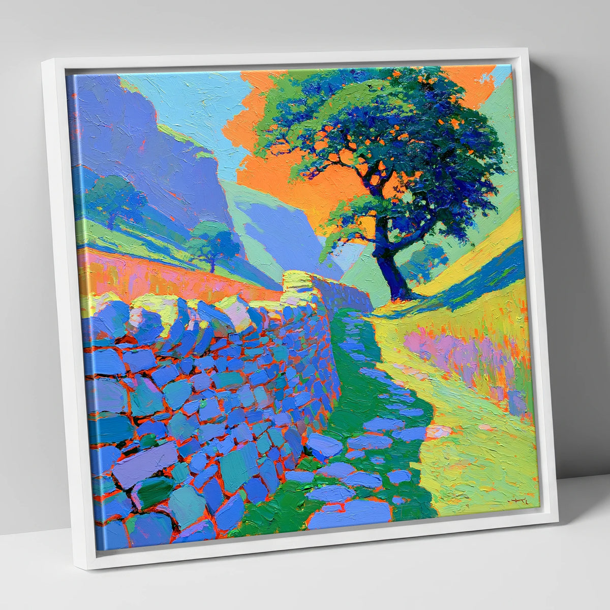 Vibrant Valley Drystone Wall Path lake district valley canvas wall art in white frame