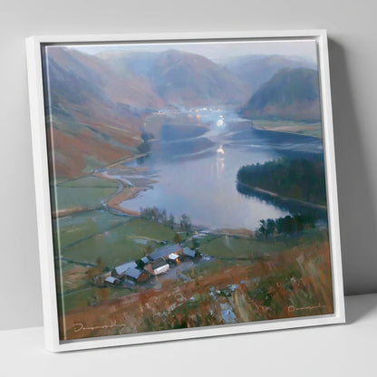 Loweswater Valley Under Silver Light lake district lake canvas wall art in white frame