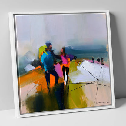 Bold Hikers on a High Fell lake district fell canvas wall art in white frame