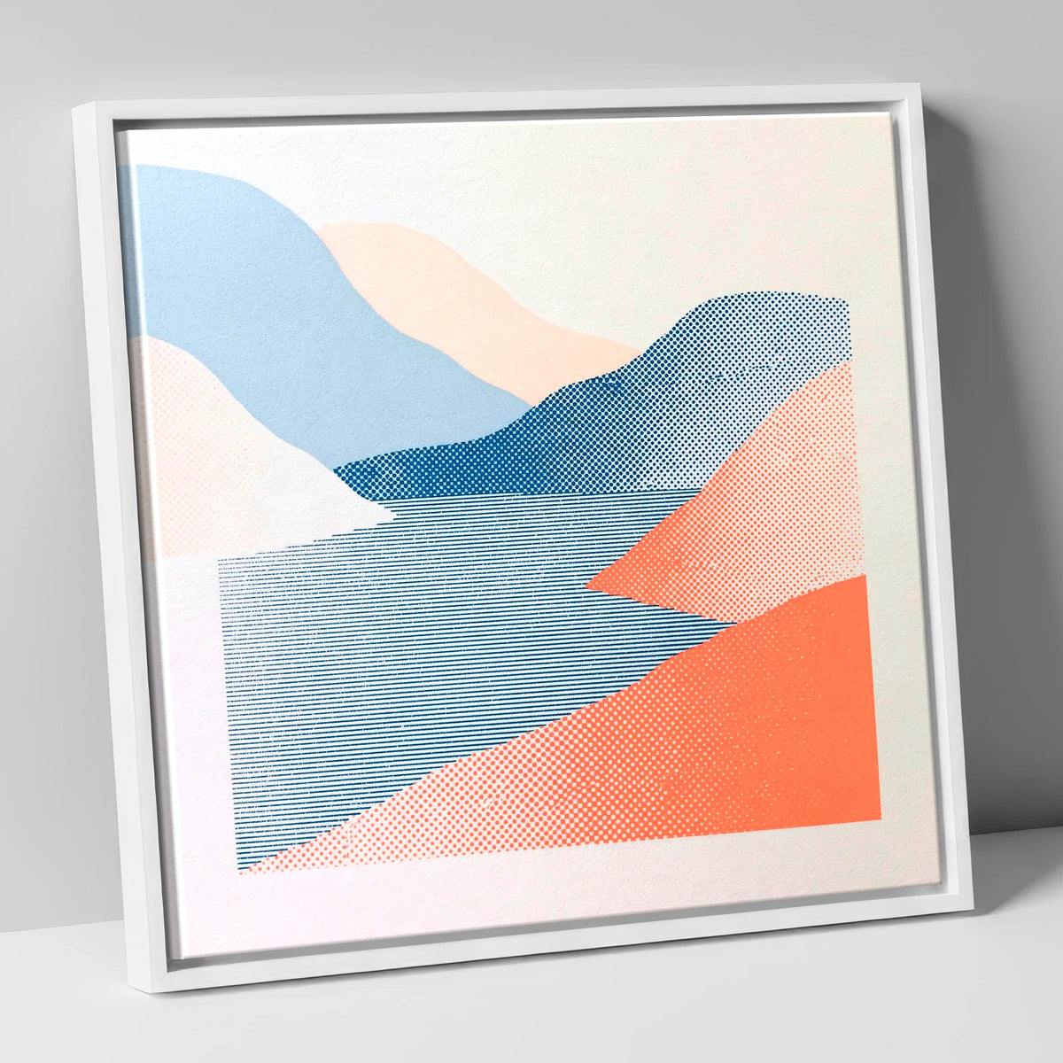 Graphic Coral and Blue Fells lake district lake canvas wall art in white frame