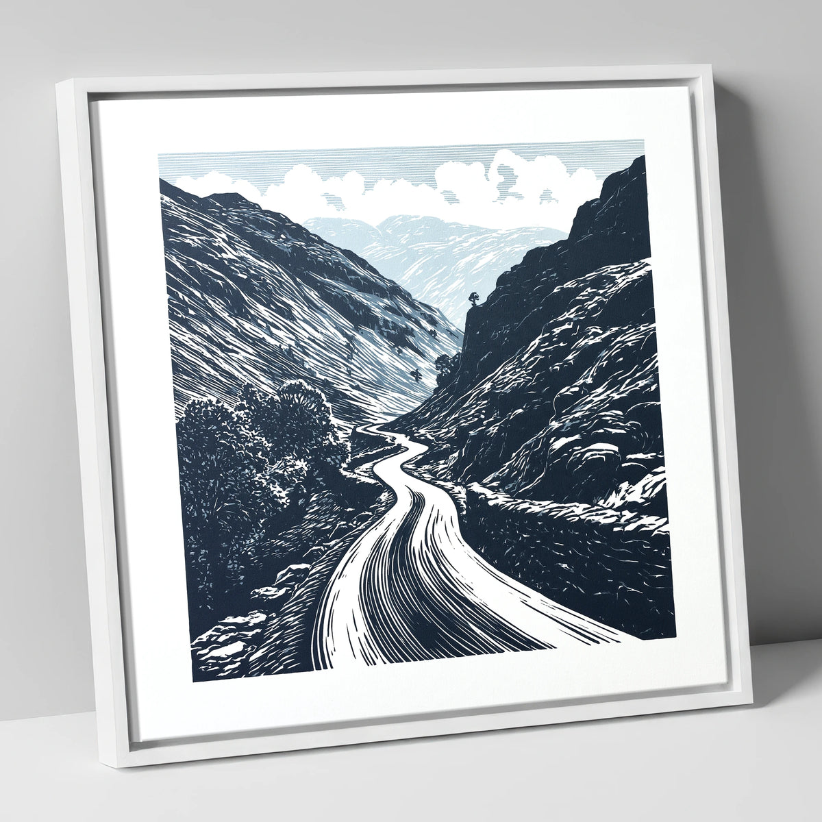 Navy Blue Hardknott Pass Road lake district valley canvas wall art in white frame