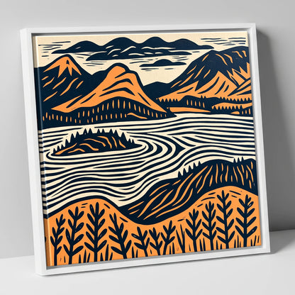 Derwentwater Island in Orange and Navy lake district lake canvas wall art in white frame