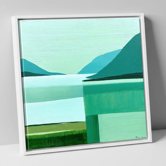 Teal Abstract Ennerdale Water lake district valley canvas wall art in white frame