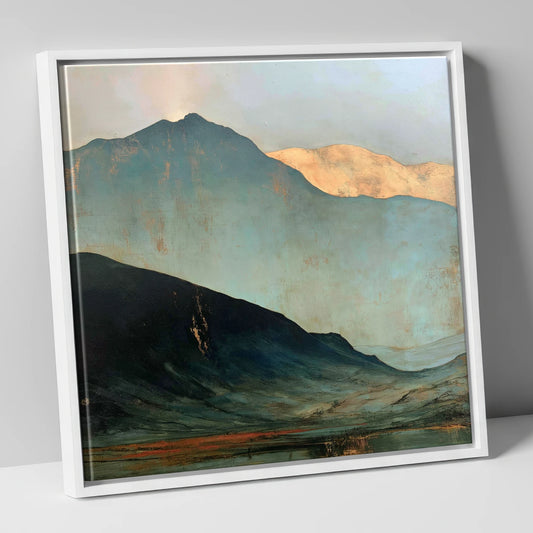 Langdale Pikes in Slate and Gold lake district fell canvas wall art in white frame