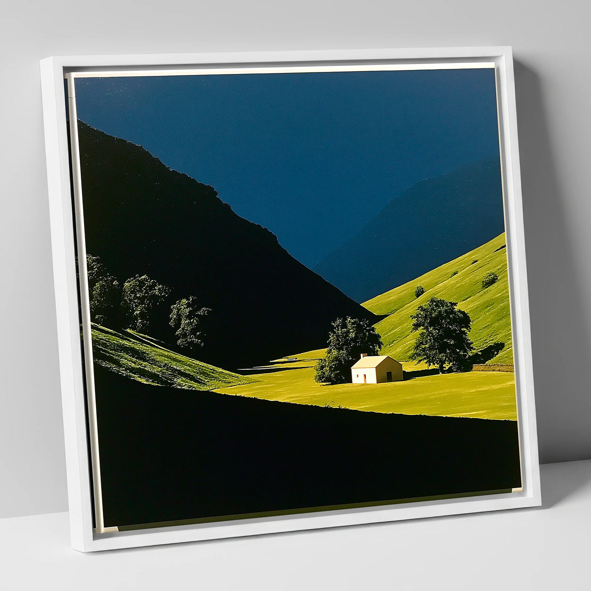 Sunlit Farmhouse in a Green Valley lake district valley canvas wall art in white frame
