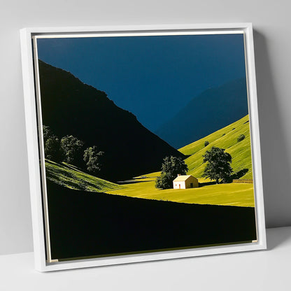Sunlit Farmhouse in a Green Valley lake district valley canvas wall art in white frame