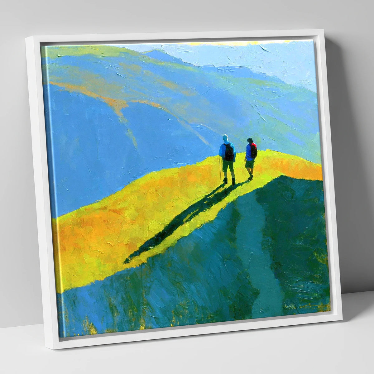 Fell Walkers on a Vibrant Sunlit Ridge lake district fell canvas wall art in white frame