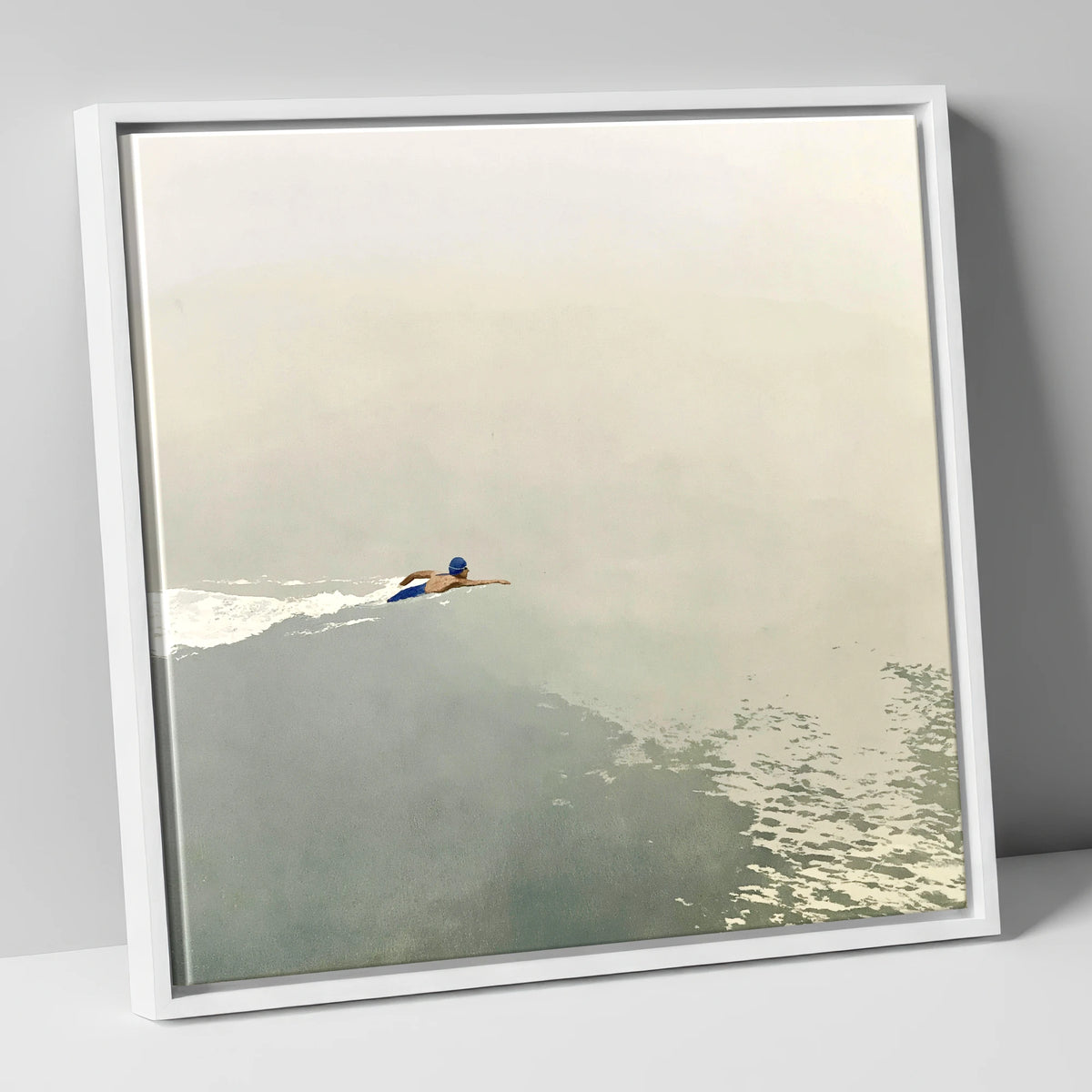 Open Water Swimmer in Morning Mist lake district walking canvas wall art in white frame