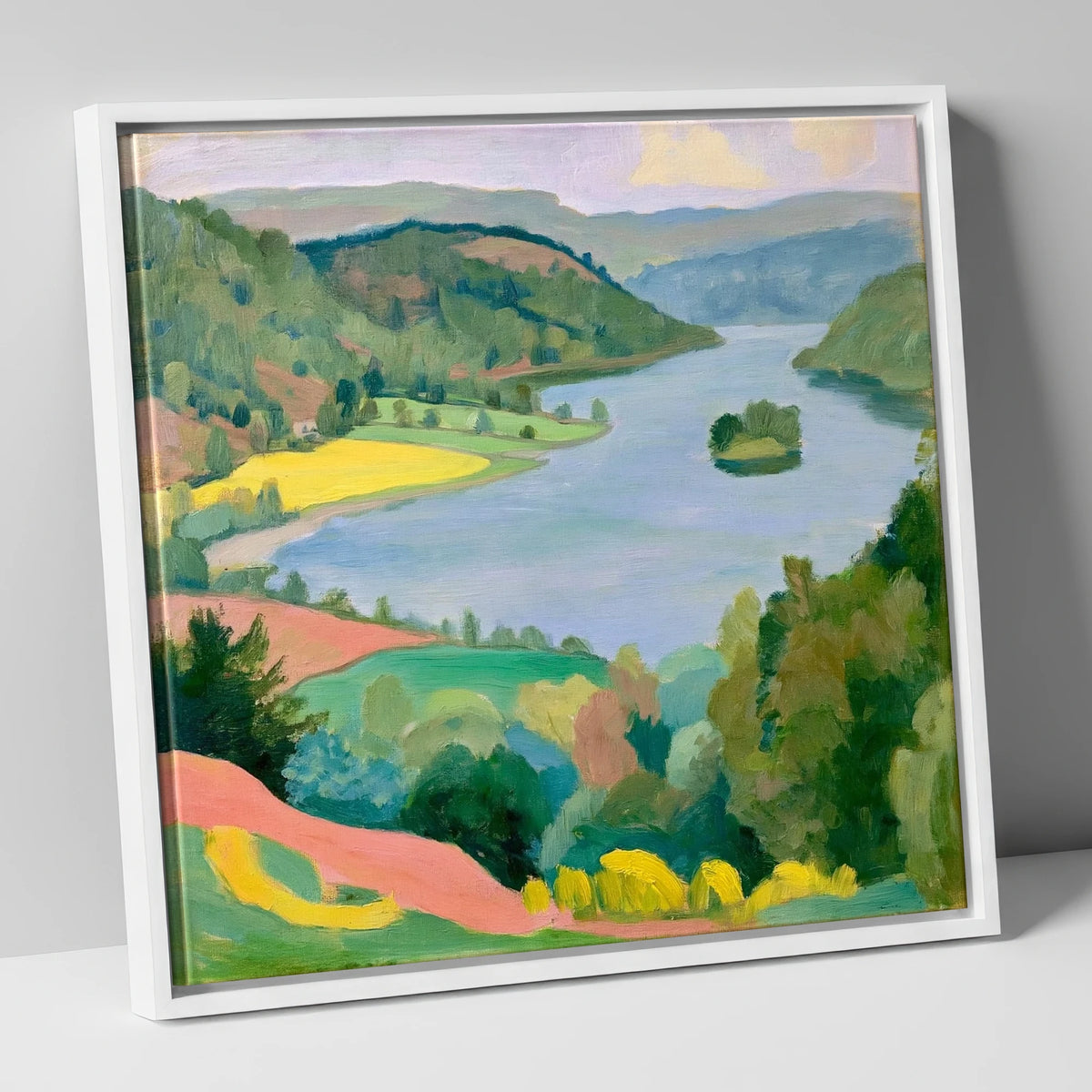 Vibrant Rydal Water from Above lake district lake canvas wall art in white frame