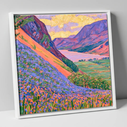 Vibrant Rannerdale Bluebells at Crummock lake district lake canvas wall art in white frame