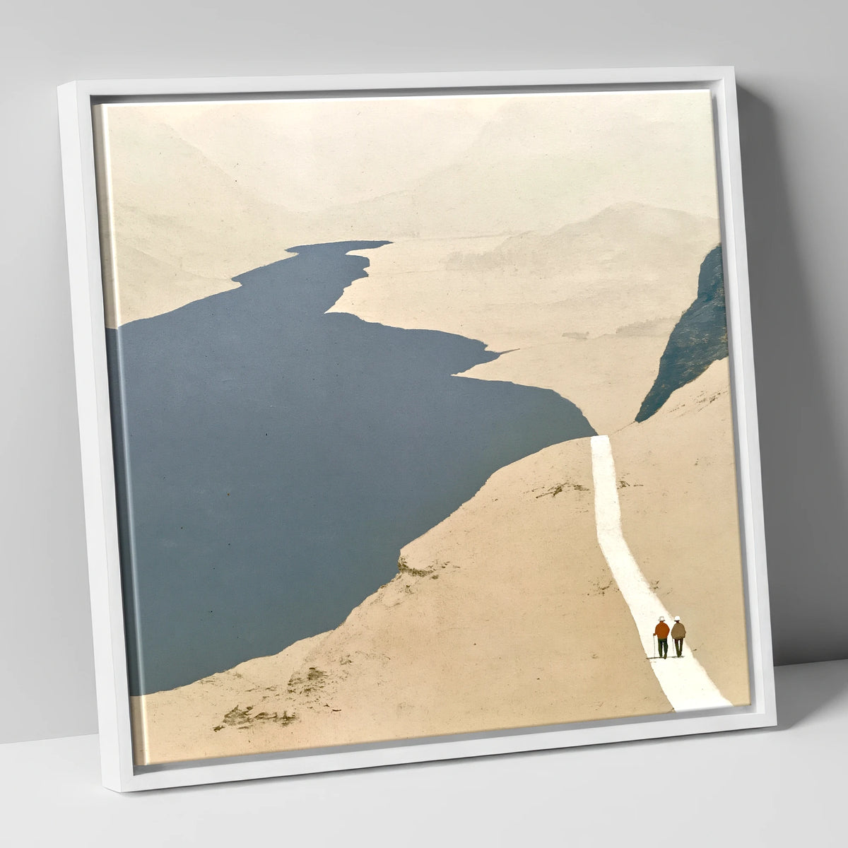 Walkers on a White Mountain Path lake district walking canvas wall art in white frame