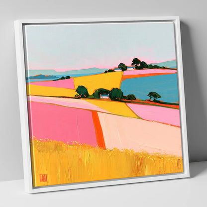 Vibrant Dale Patchwork Fields lake district valley canvas wall art in white frame