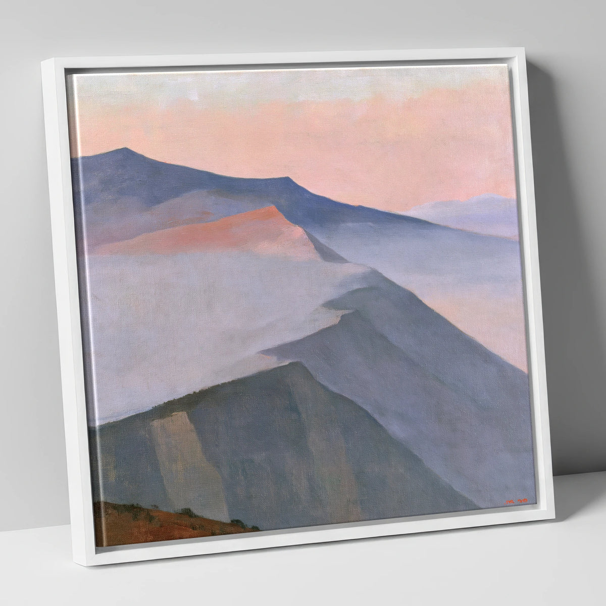 Pastel Mountain Ridge in Mist lake district fell canvas wall art in white frame