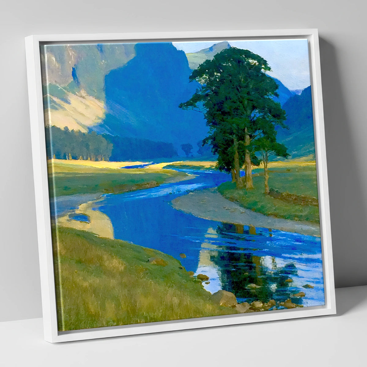 Vivid Winding Valley River lake district waterfall canvas wall art in white frame