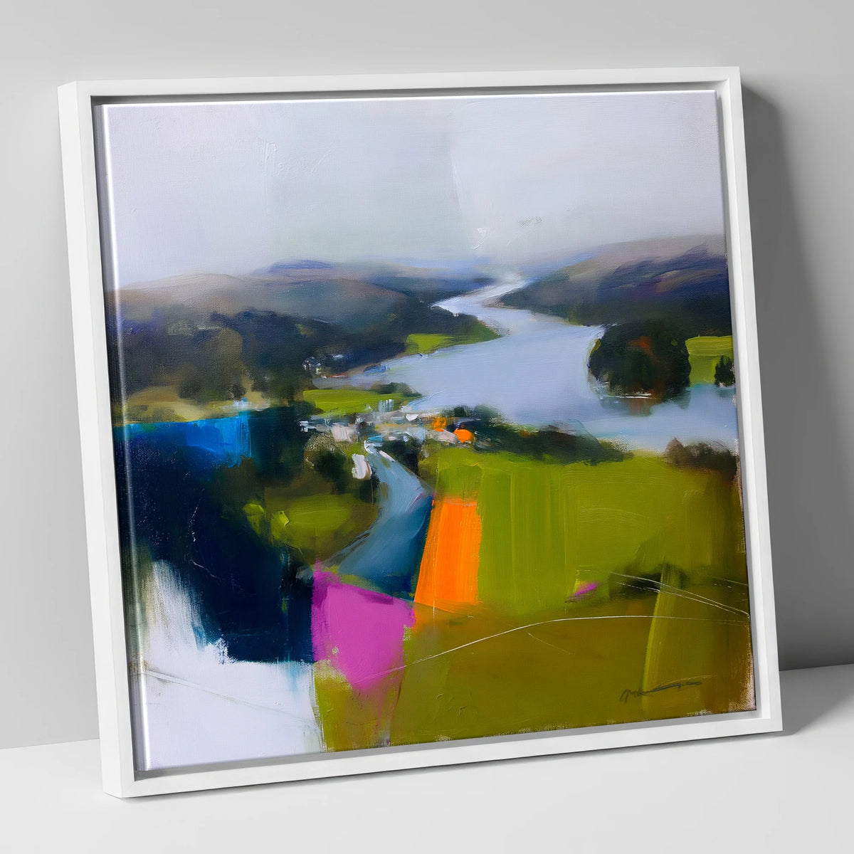 Vibrant Ambleside Lake View lake district village canvas wall art in white frame