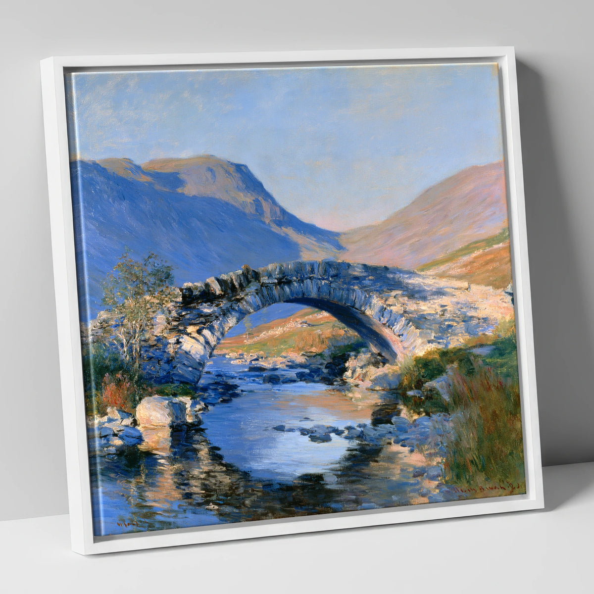 Luminous Stone Bridge Over Mountain Beck lake district waterfall canvas wall art in white frame