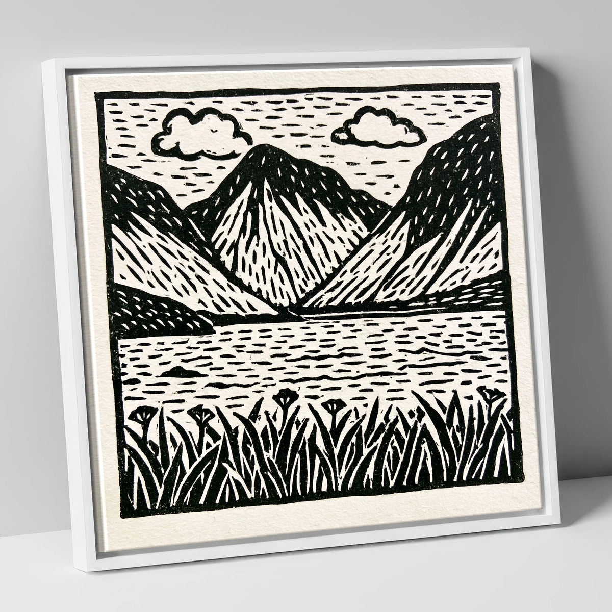 Black and White Wasdale Valley lake district valley canvas wall art in white frame