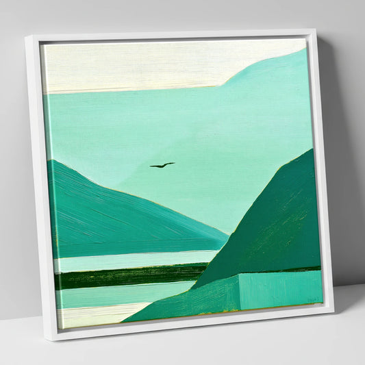 Teal Dawn Mist in Borrowdale lake district sky canvas wall art in white frame