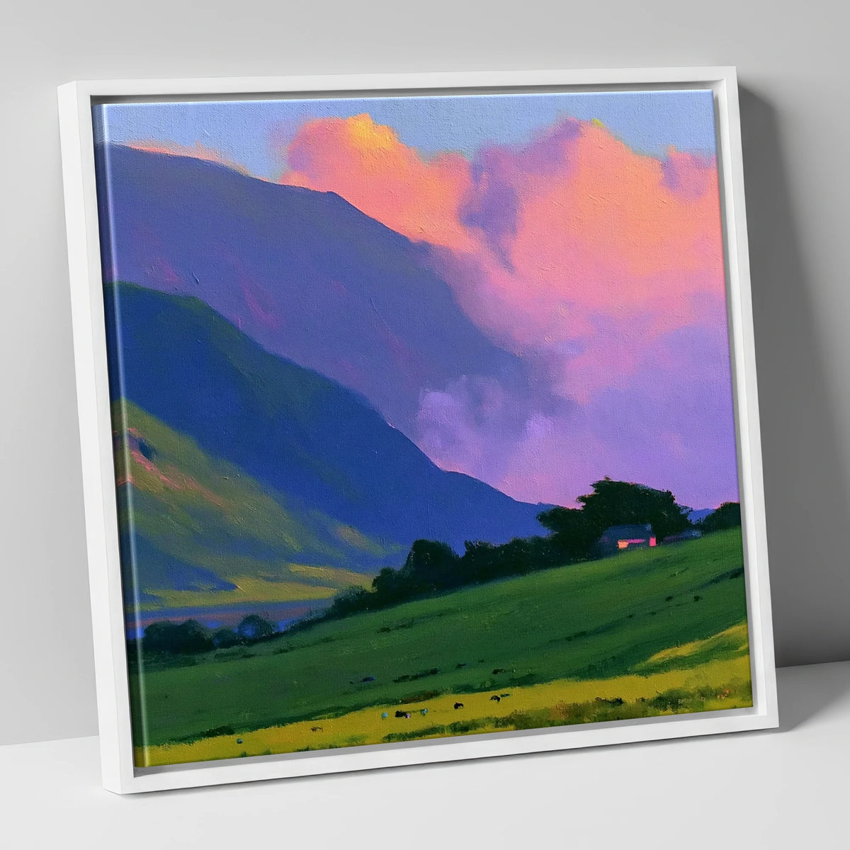 Rolling Fells Under Magenta Clouds lake district fell canvas wall art in white frame