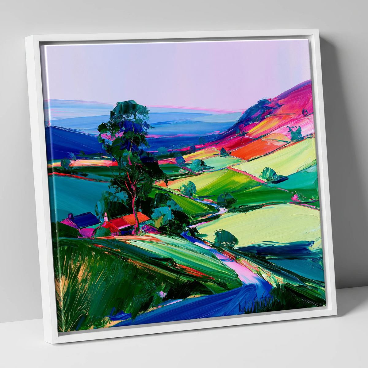 Vibrant Patchwork Dale Fields lake district valley canvas wall art in white frame