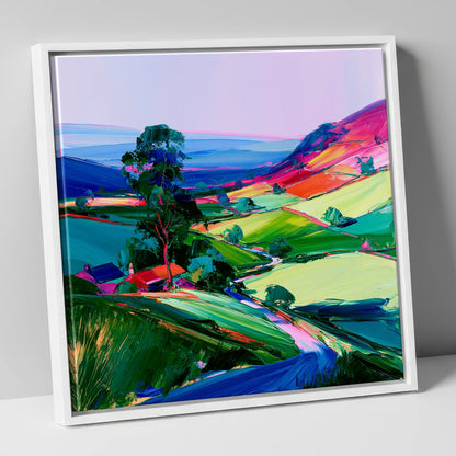 Vibrant Patchwork Dale Fields lake district valley canvas wall art in white frame