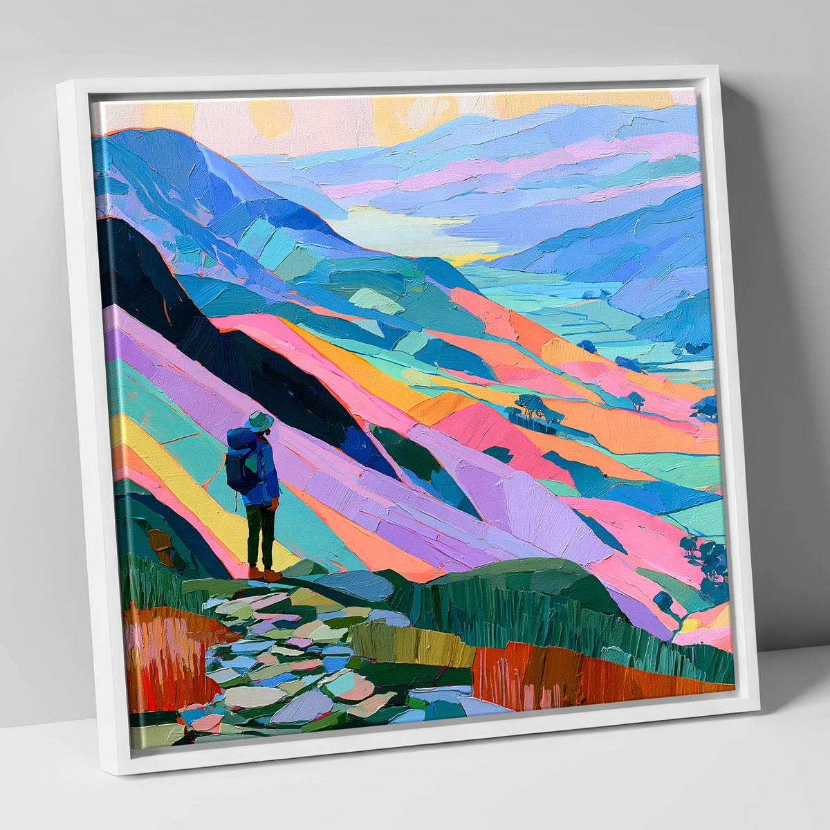 Vibrant Lake District Summit View lake district fell canvas wall art in white frame