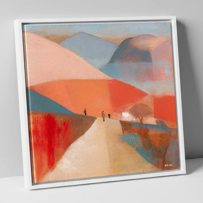 Walkers on a Coral Mountain Path lake district walking canvas wall art in white frame