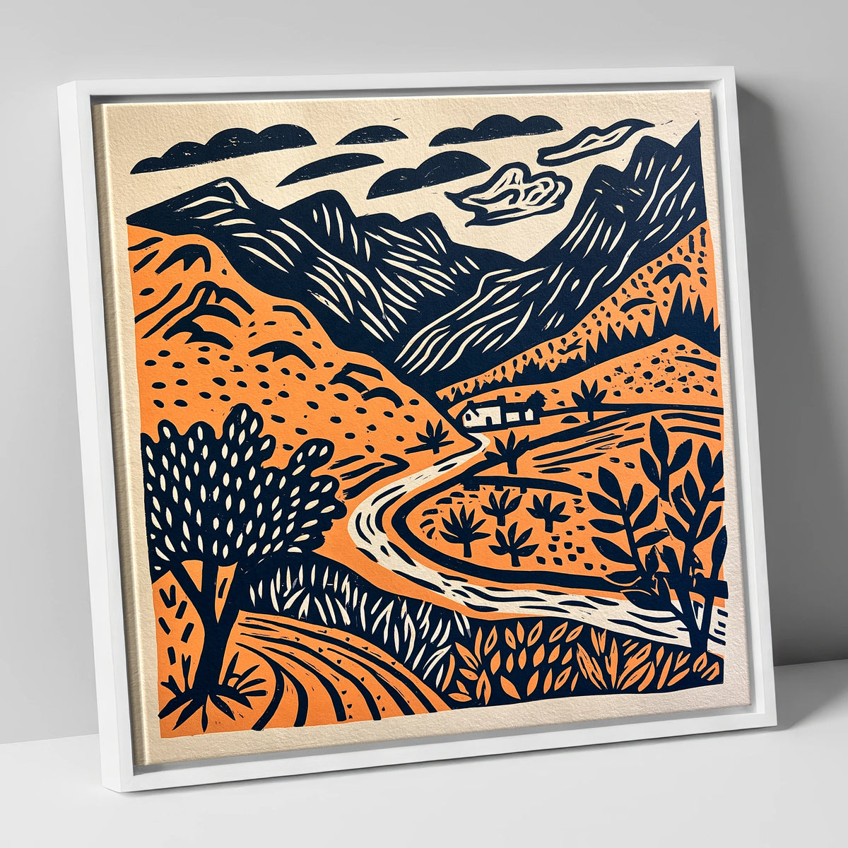Terracotta And Navy Eskdale Valley lake district valley canvas wall art in white frame