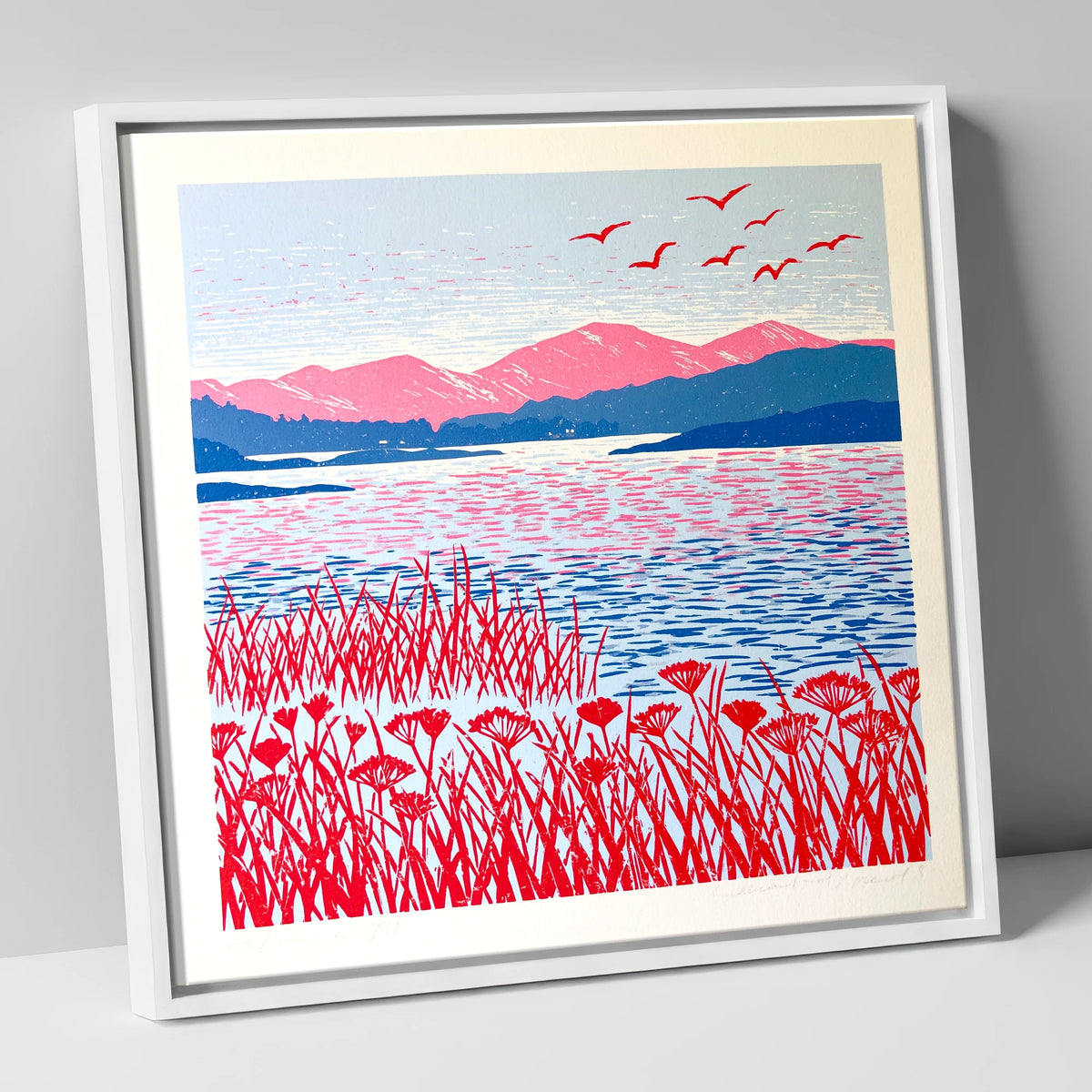 Red Reeds Over Coniston Water lake district lake canvas wall art in white frame