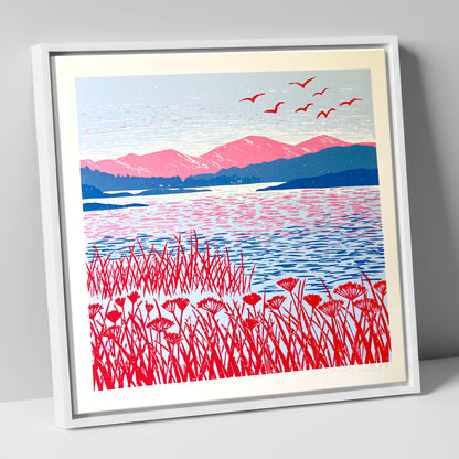 Red Reeds Over Coniston Water lake district lake canvas wall art in white frame