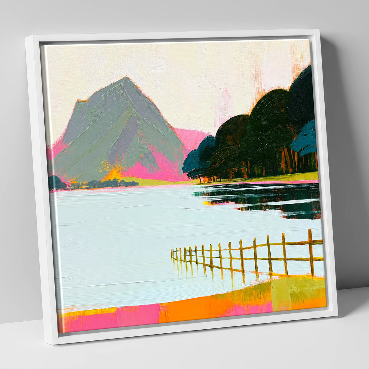 Vibrant Pink Shores Of Buttermere lake district lake canvas wall art in white frame