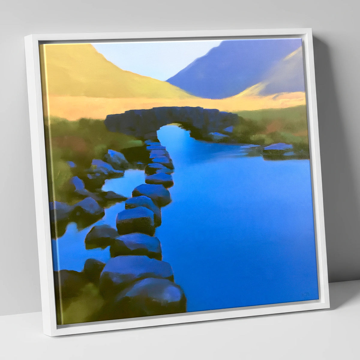Vibrant Blue Stream and Bridge lake district waterfall canvas wall art in white frame