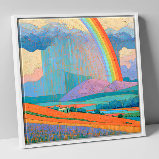 Lakeland Cottage Beneath Vivid Rainbow lake district sky canvas wall art in white frame