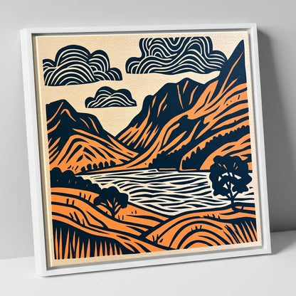 Buttermere Valley in Navy and Terracotta lake district lake canvas wall art in white frame