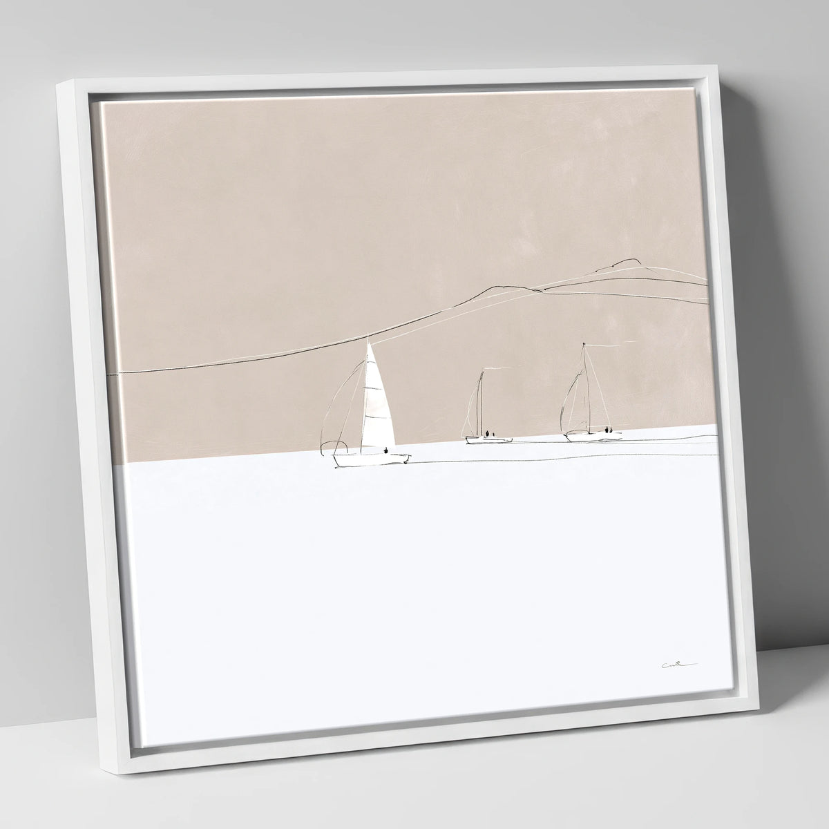 Minimalist Sailboats and Distant Fells lake district walking canvas wall art in white frame
