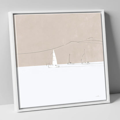Minimalist Sailboats and Distant Fells lake district walking canvas wall art in white frame