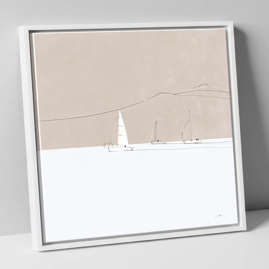 Minimalist Sailboats and Distant Fells lake district walking canvas wall art in white frame