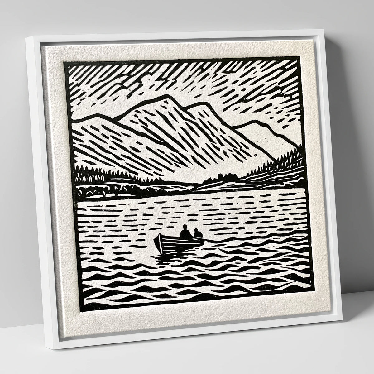Coniston Water in Bold Monochrome lake district lake canvas wall art in white frame