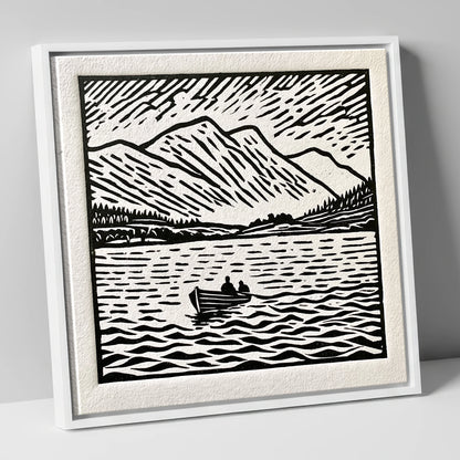 Coniston Water in Bold Monochrome lake district lake canvas wall art in white frame