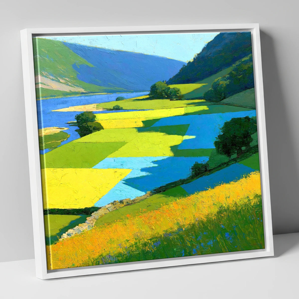 Sunlit Valley Pastures and Blue Shadows lake district valley canvas wall art in white frame