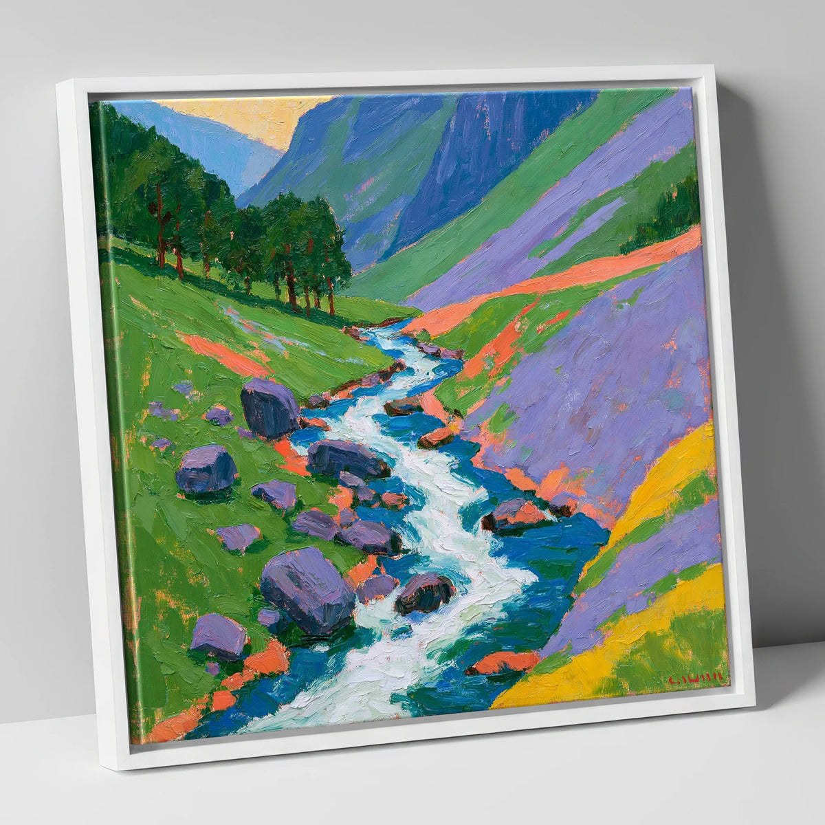 Vivid Rushing Fellside Beck lake district waterfall canvas wall art in white frame