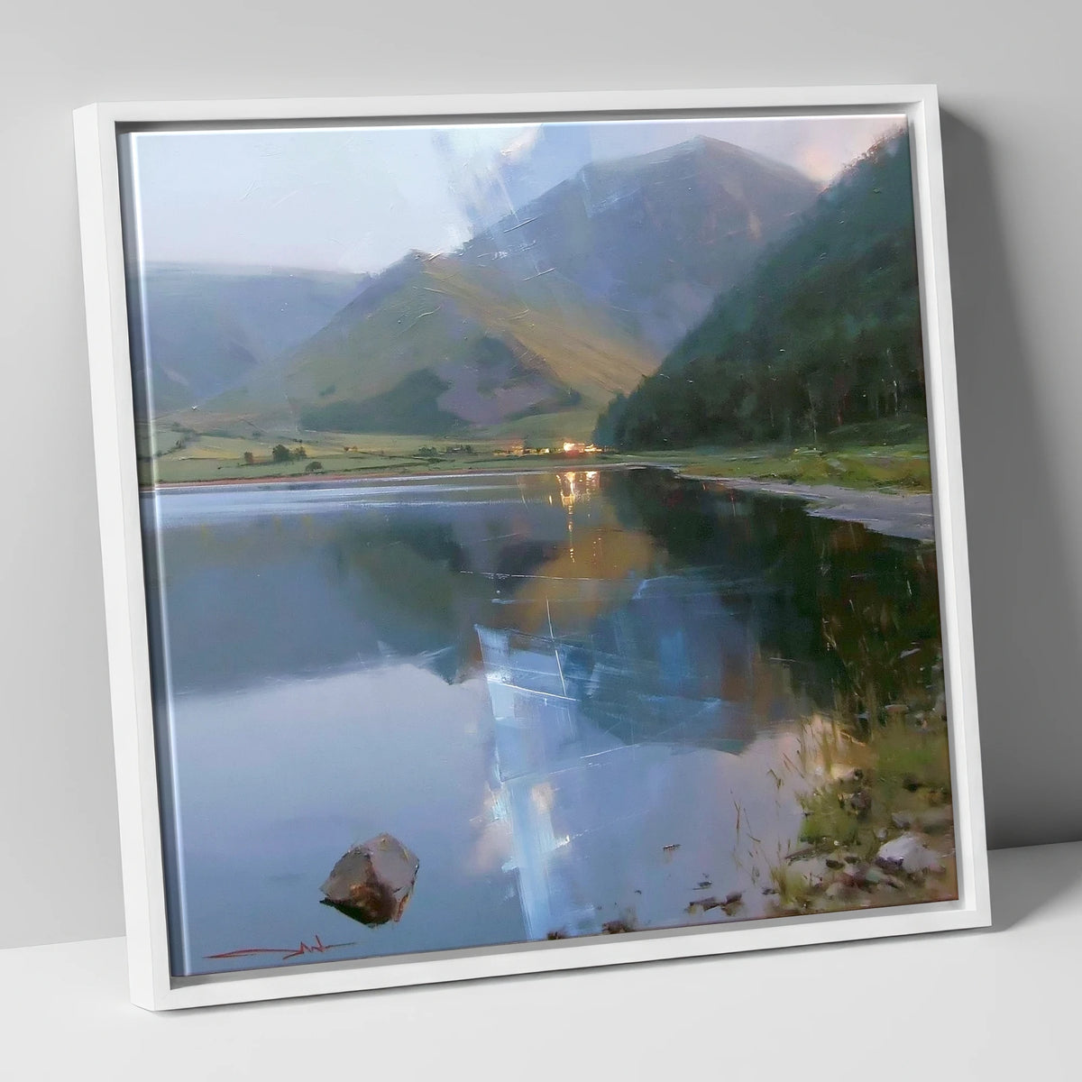 Evening Reflections on Loweswater lake district lake canvas wall art in white frame