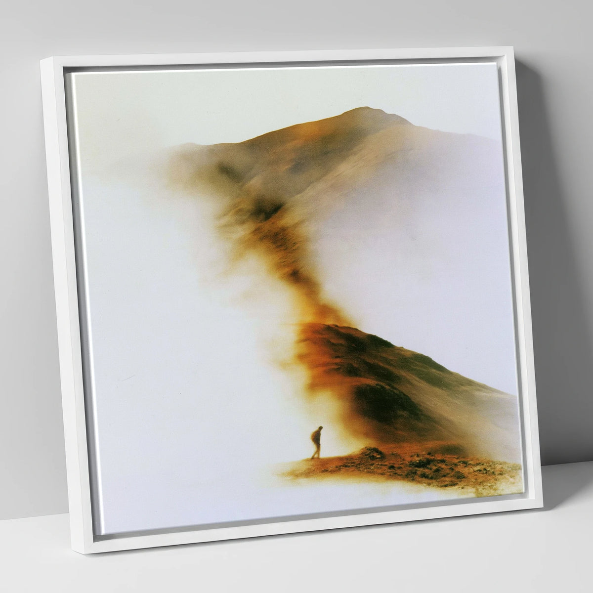 Lone Hiker in Copper Mist lake district walking canvas wall art in white frame