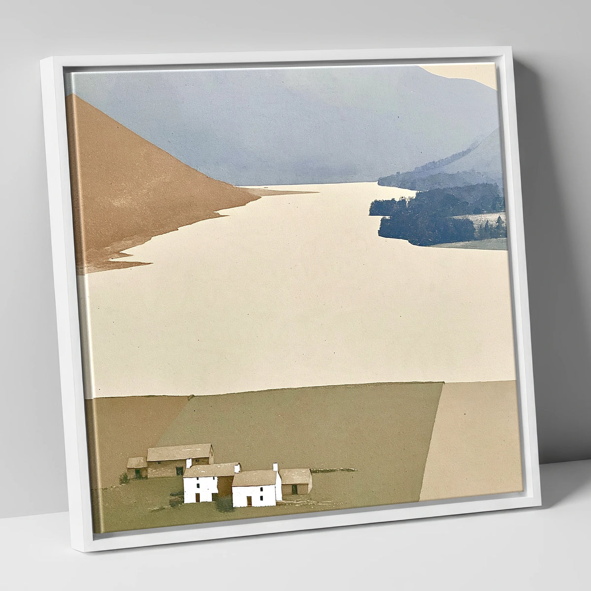 White Farmsteads Above Loweswater lake district lake canvas wall art in white frame