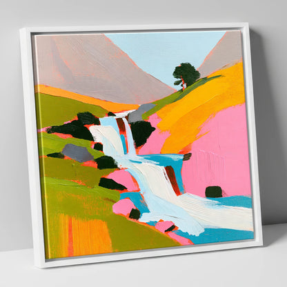 Vibrant Fellside Beck Waterfall lake district waterfall canvas wall art in white frame