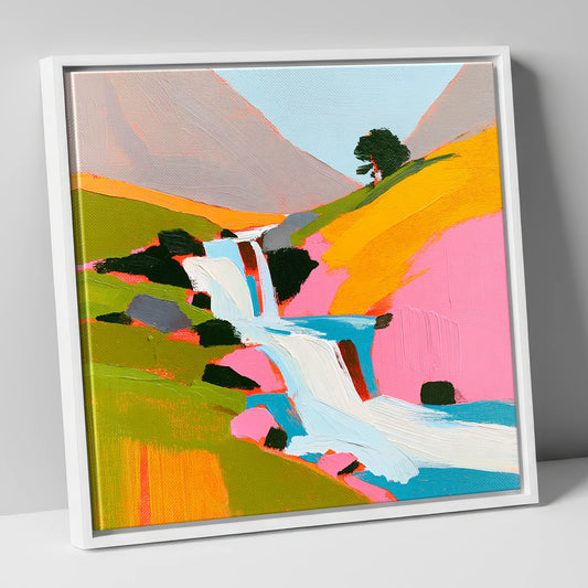 Vibrant Fellside Beck Waterfall lake district waterfall canvas wall art in white frame