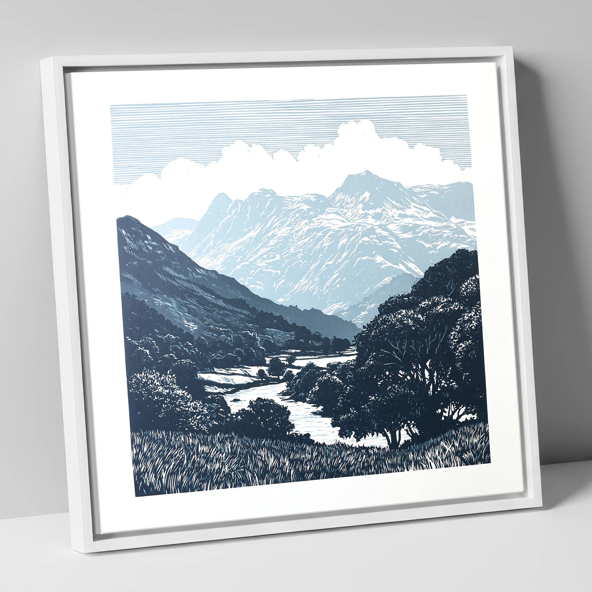 Great Langdale Slate Blue Fells lake district valley canvas wall art in white frame