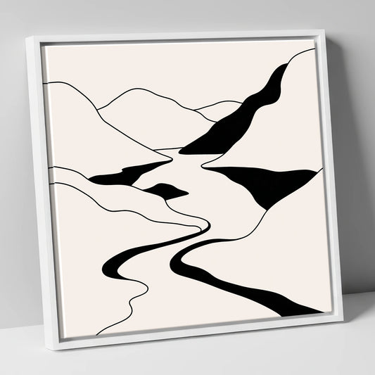 Monochrome Winding Lake and Fells lake district lake canvas wall art in white frame