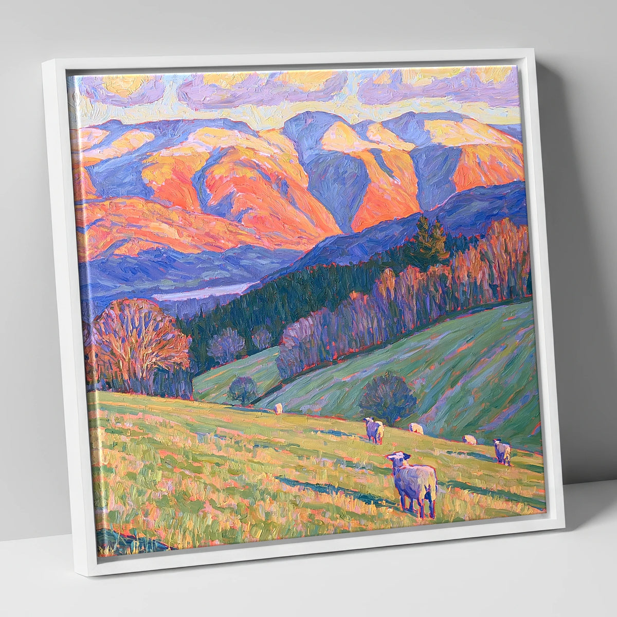 Hawkshead Pastures in Radiant Light lake district village canvas wall art in white frame